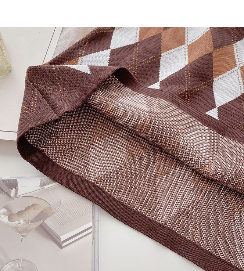 Jupe portefeuille taille haute à carreaux rhombiques de couleur contrastée rétro paresseuse 5569