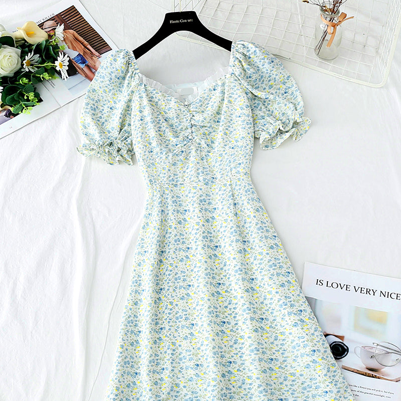 Line shoulder square neck bubble sleeve waist narrow skirt  3738