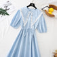 Lace doll neck cotton linen dress French retro bubble sleeve  4590