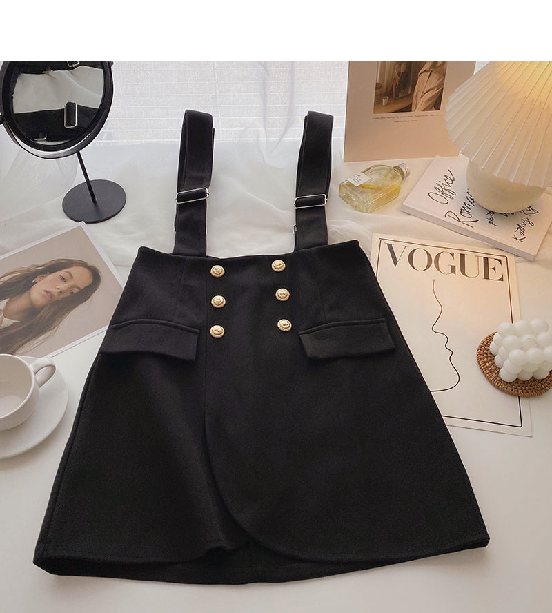 Strap skirt Korean style retro fashion double breasted high waist  5330