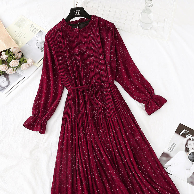 Gentle wind French retro wave point chiffon dress women  3986