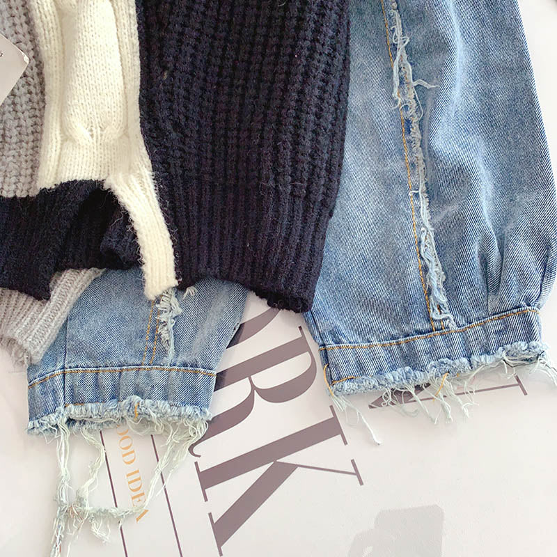 Denim sleeve stitched sweater niche sweater top  4923