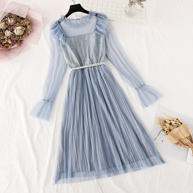 French retro knee pleated long skirt  4043