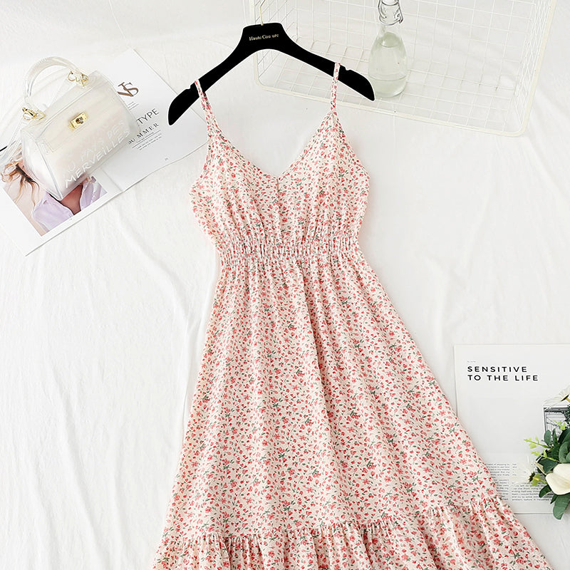 New sweet floral skirt French retro suspender dress  4123