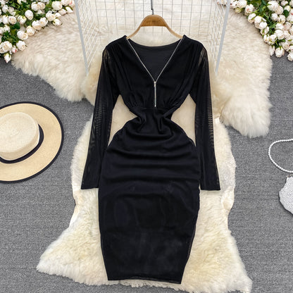 Sexy Kleid 3788 mit Reißverschluss an der Hüfte und langen Ärmeln mit V-Ausschnitt im Hongkong-Stil
