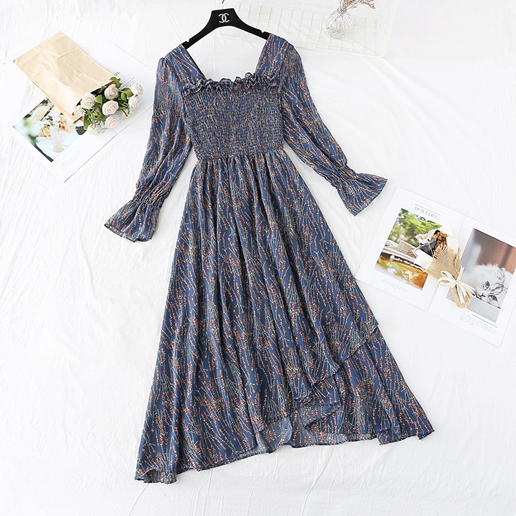 French retro square collar with slim waist and floral long skirt  4022