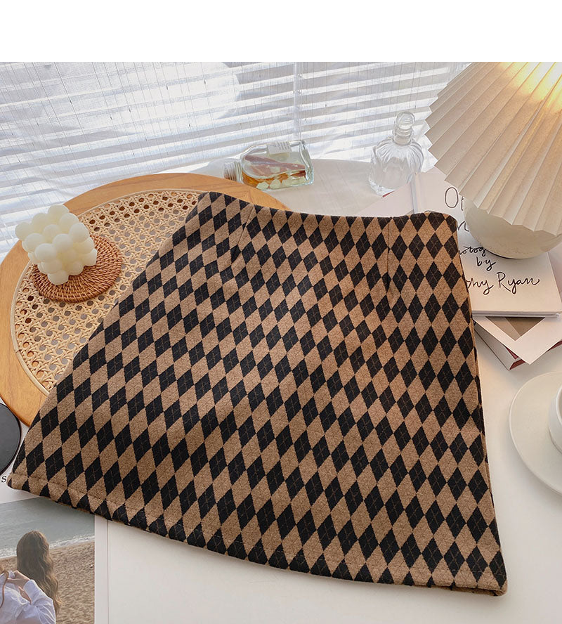 Hong Kong style retro fashion color matching Plaid thin high waist skirt  5343