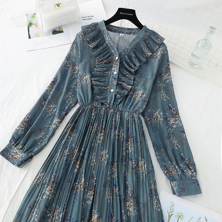 New Vintage high waist thin broken flower pleated fairy Chiffon Skirt  4540