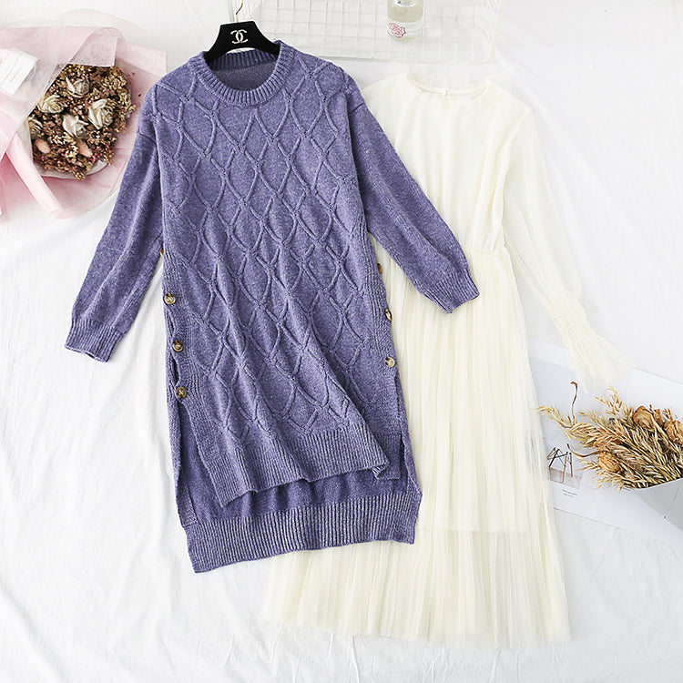 Retro-Pullover-Pullover + Rock mit Netzboden, zweiteiliger Anzugrock 3957