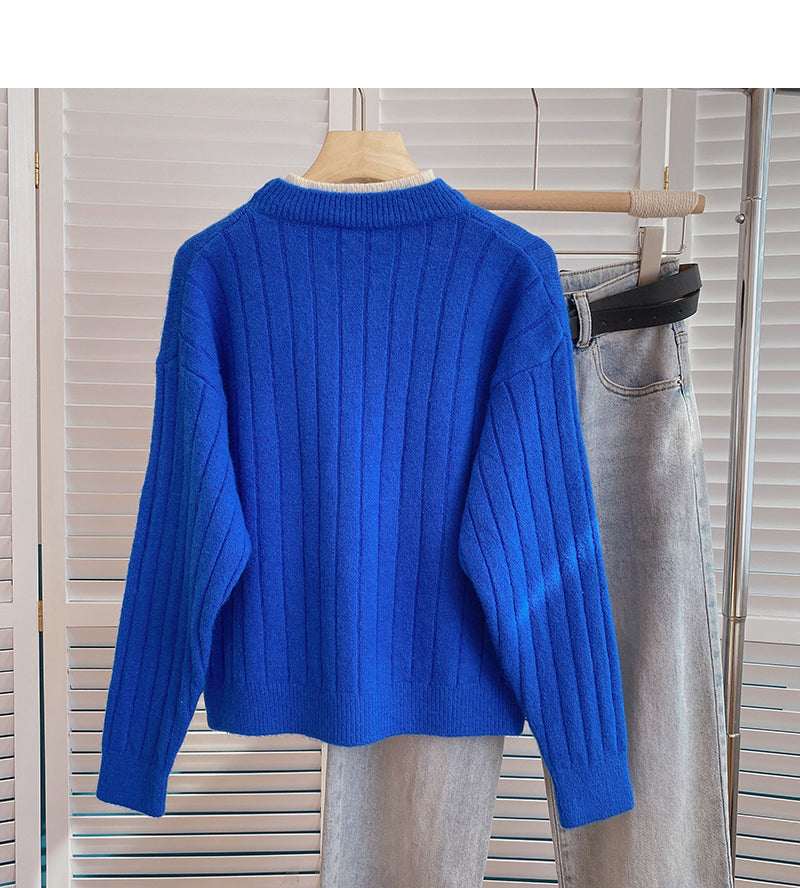 Design color contrast crew neck Pullover Sweater  6163