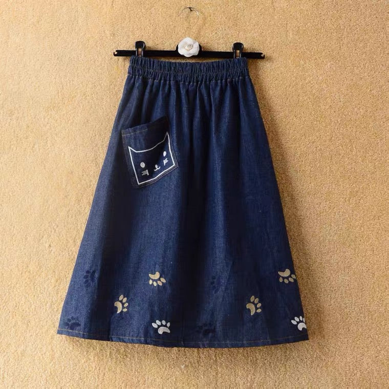 Frühling und Sommer, neu, Jeansrock, niedliche Katzenstickerei, mittellanger Rock mit hoher Taille und großem Schwung, Rock in A-Linie 3611