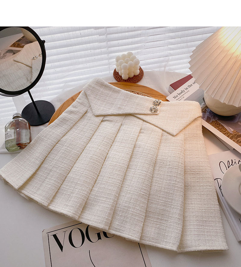 Small fragrance pleated skirt thin high waist tweed A-shaped plaid skirt  5291