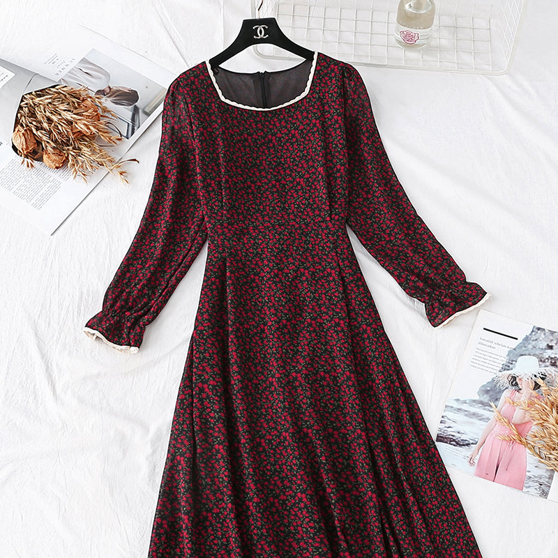 French retro super fairy square collar Lace Floral bottomed long skirt  3997