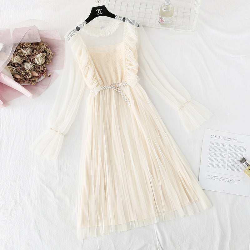 French retro knee pleated long skirt  4043