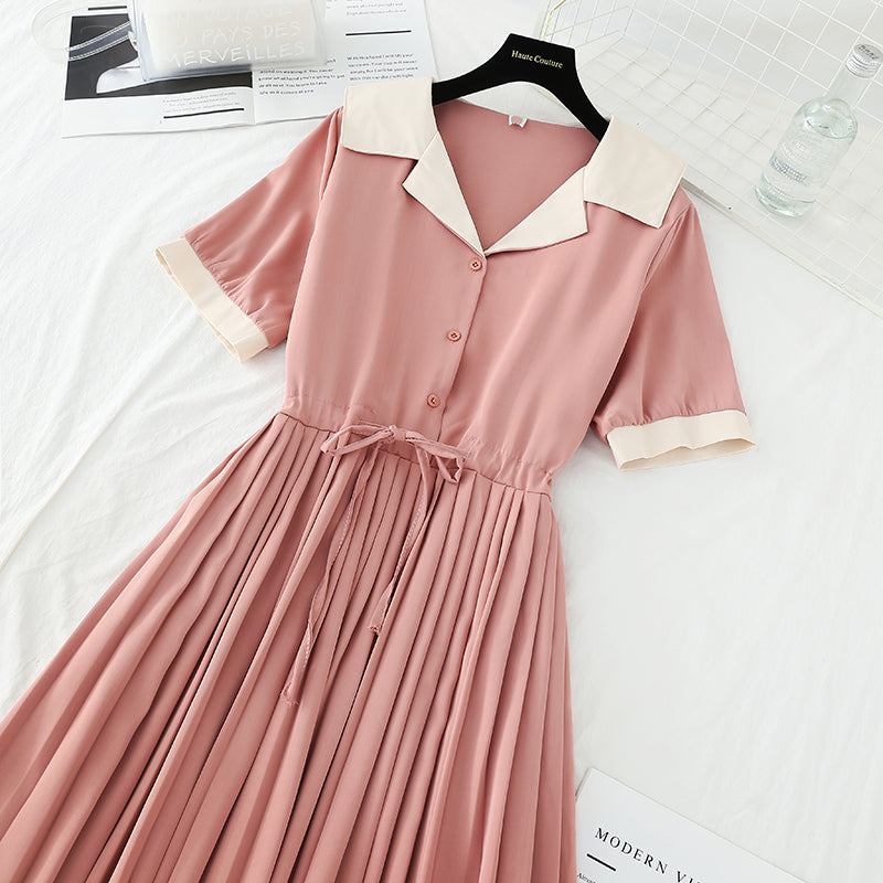 New style suit collar belt waistband slim pleated French dress  4676