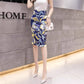 Blue printed dress with yellow, high waist, slim stretch skirt, split back skirt  3542