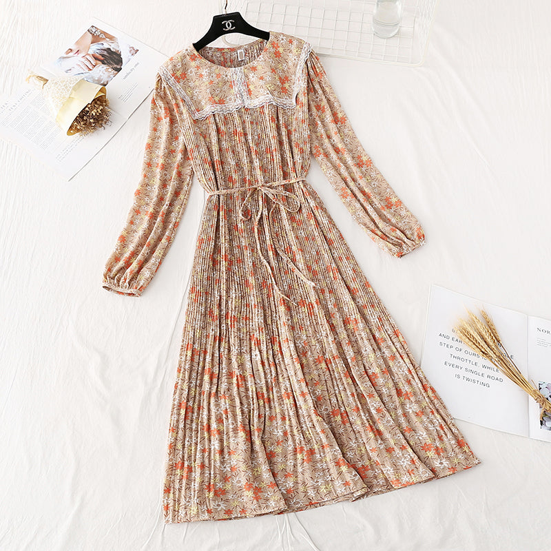 Französischer Retro-Spitzenrock mit Blumenmuster und Puppenkragen 4036