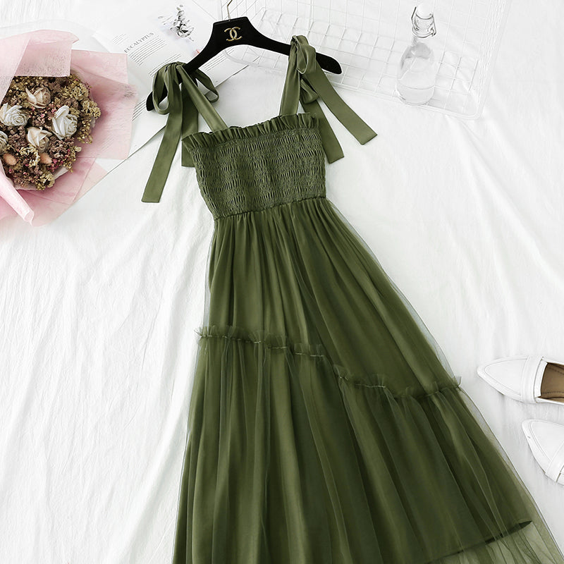 Gauze dress shows thin temperament at the waist. Fairy sweet suspender long skirt  4339