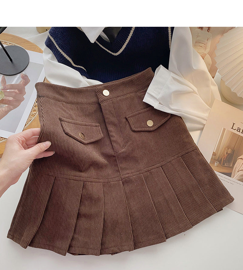 Pleated Hip Wrap Skirt high waist corduroy A-line skirt  5282