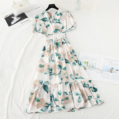 V-neck bubble sleeves, slim waist, large hem and long skirt  4199