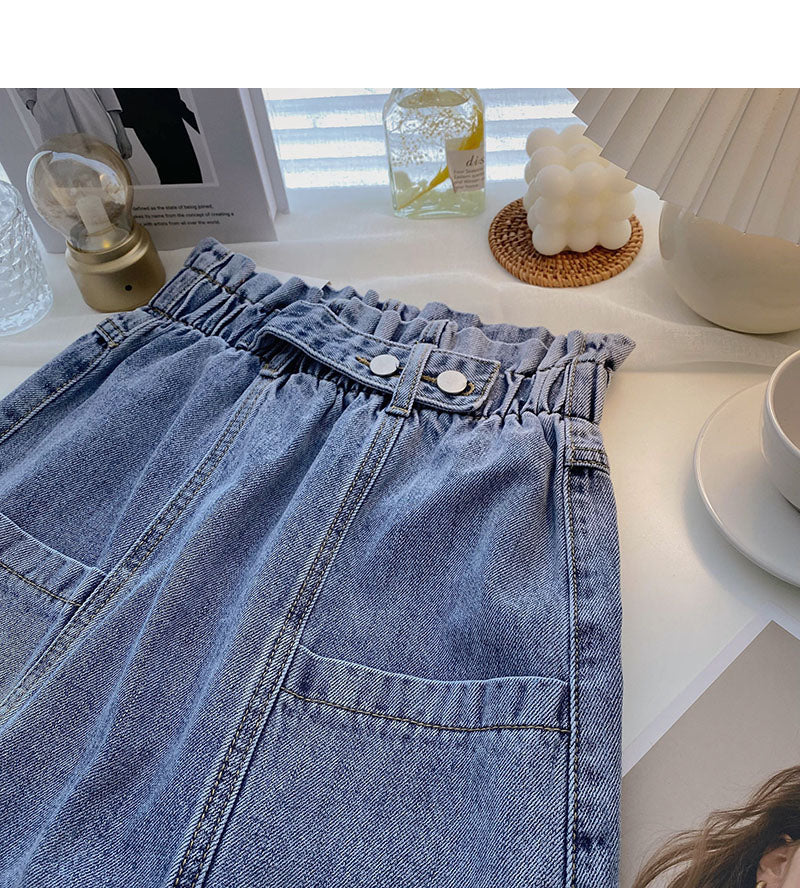 Versatile slim elastic waist denim Vintage A-line skirt  5340