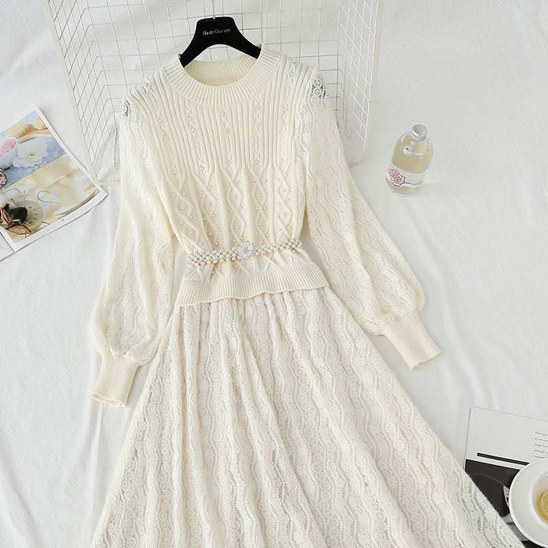 Strickkleid Damen Super Fee Spitze Plüsch genähtes Wollkleid 4439