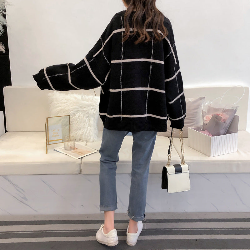 Harajuku sweater cardigan Plaid knitted jacket  5268