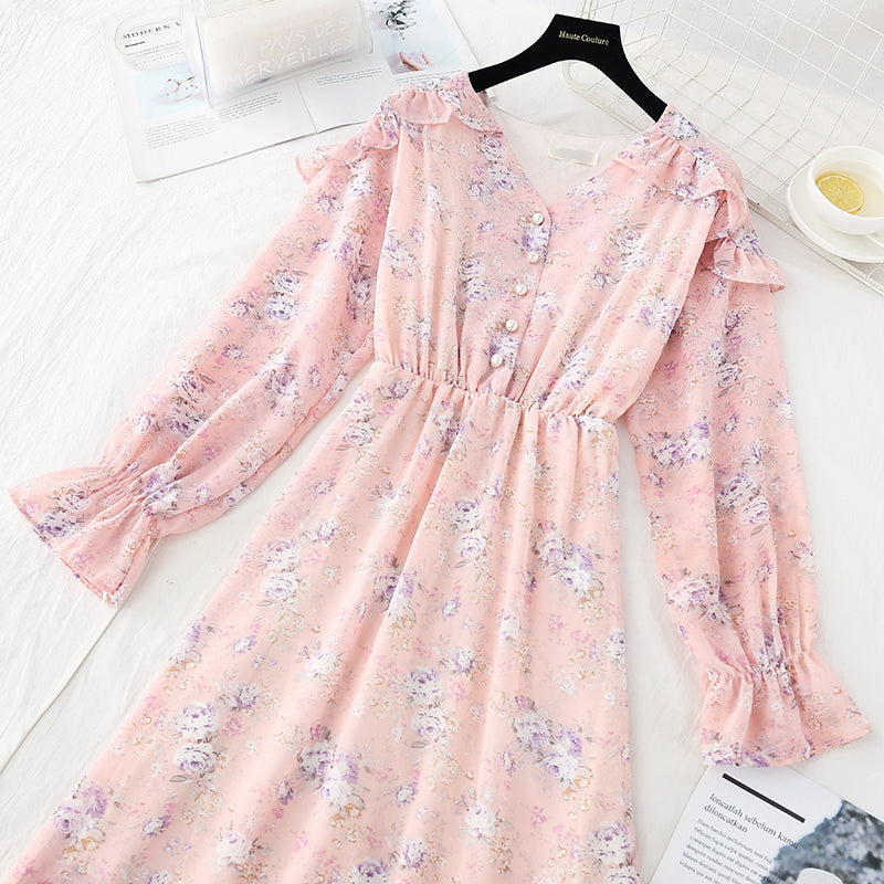 French retro knee Chiffon Long Sleeve Dress  3833