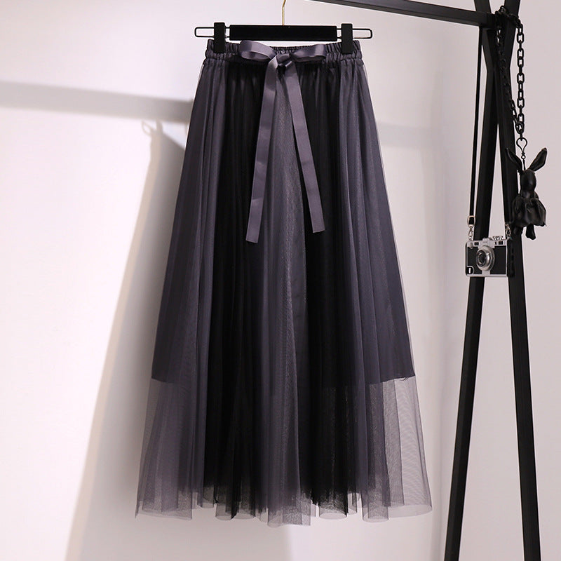 patchwork belt large drape feeling gauze skirt  3684
