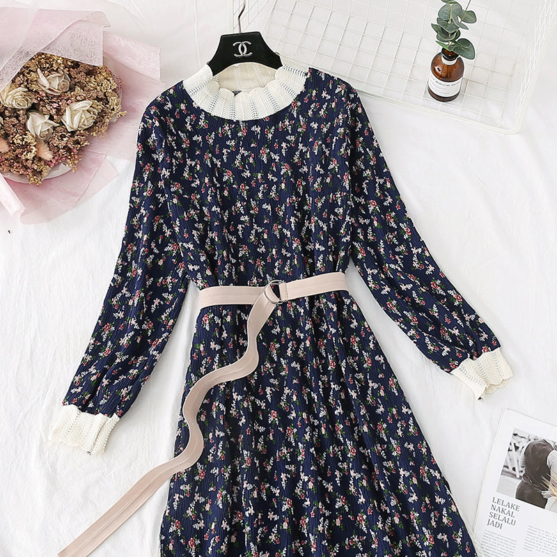 Printed French retro pleated slim waist skirt  3967
