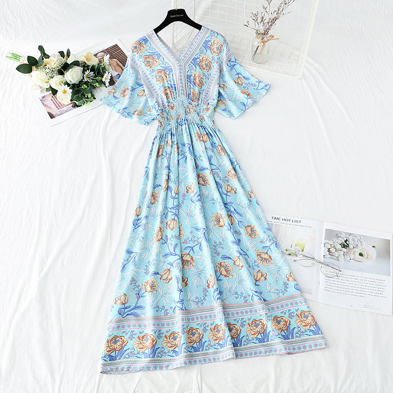 Robe en coton et lin style rétro français col en V style national 4258