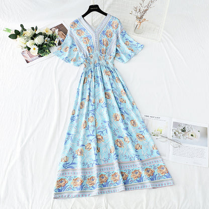 Robe en coton et lin style rétro français col en V style national 4258