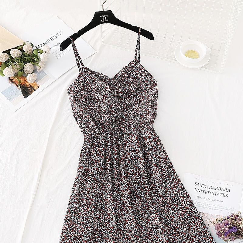 Strapskleid mit gebrochenen Blumen, super Xiansen im französischen Stil, schmale Taille 4111