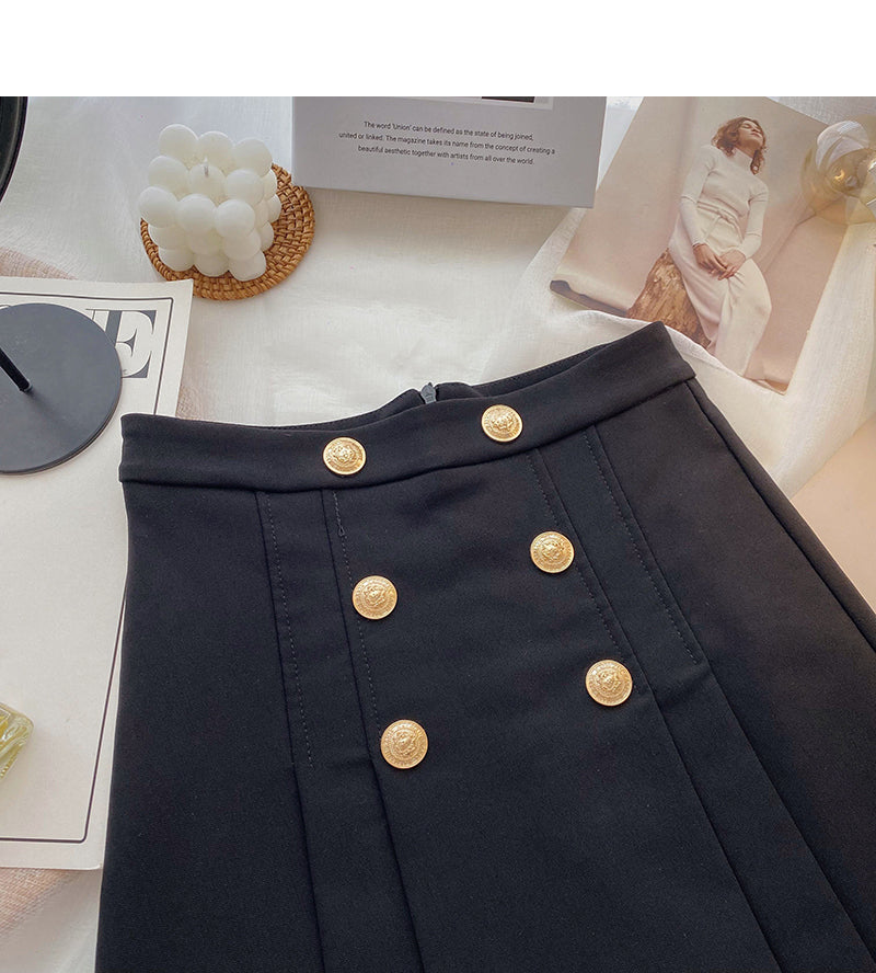 Korean retro simple double row button high waist pleated skirt  5498