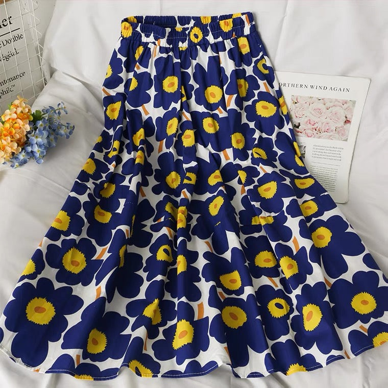 Jupe trapèze florale fraîche, taille haute, ample, jupe midi élégante 3596