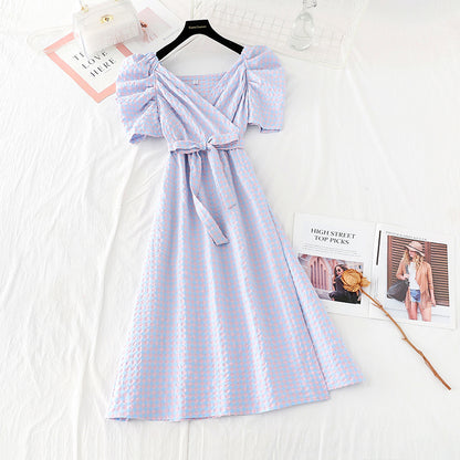One piece dress with slim waist Cotton Linen Skirt French dress  4171