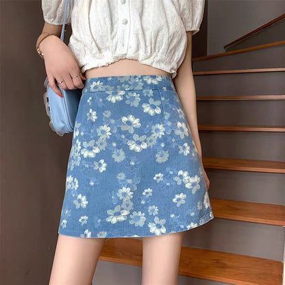 Flower denim skirt, new style, high waist bodycon skirt, A-line skirt  3556