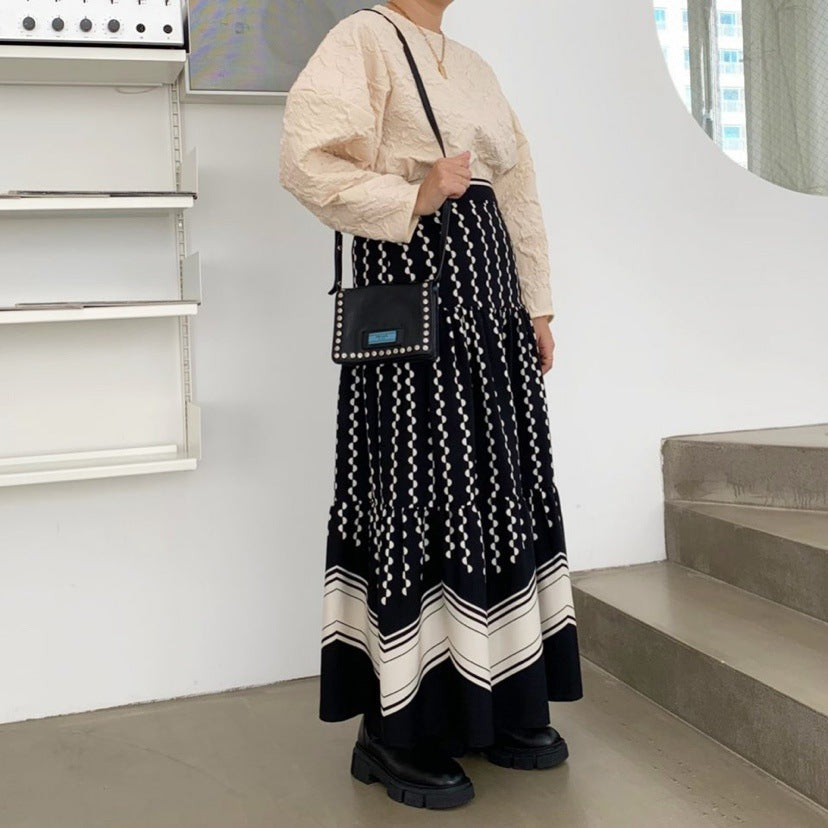 New skirt, stitching retro polka-dot print skirt, wavy pattern high waist long cake skirt  3678