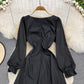 Bubble sleeve square neck dress waist strap black small foreign skirt  3789