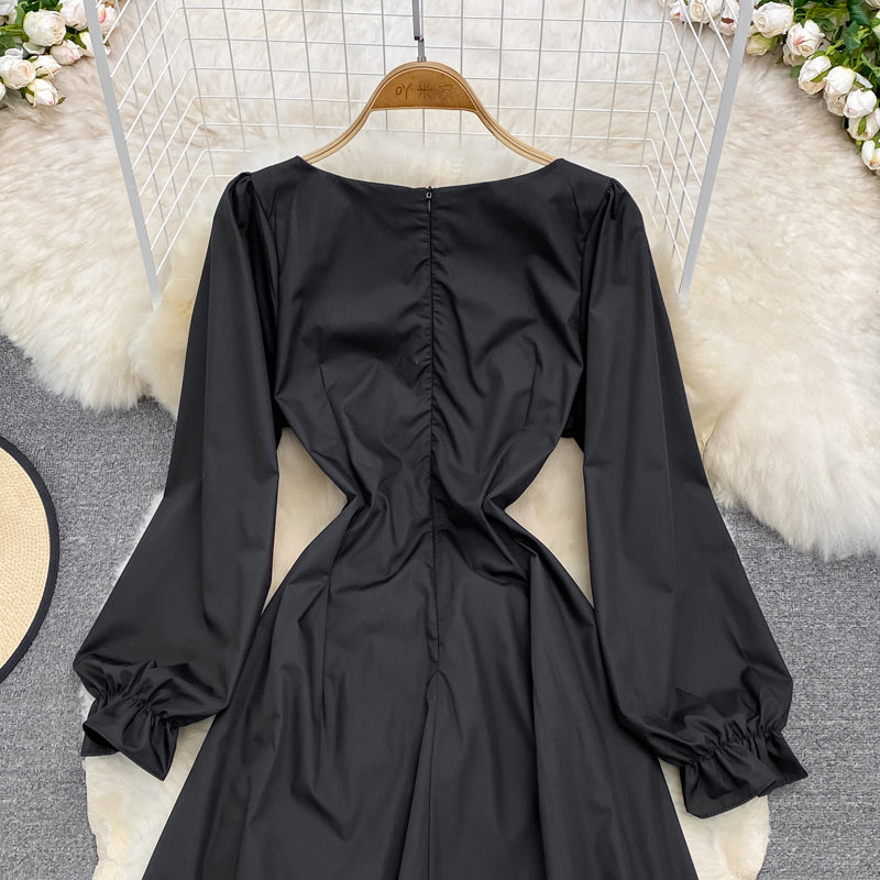 Bubble sleeve square neck dress waist strap black small foreign skirt  3789