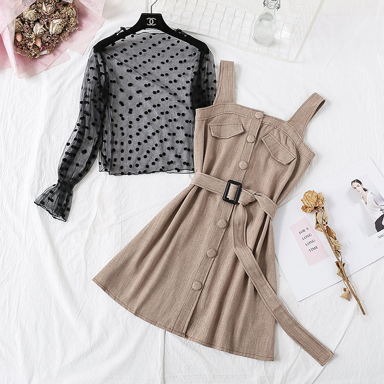Strapskleid + Polka Dot-Shirt mit Netzboden, Set für Damen 3863