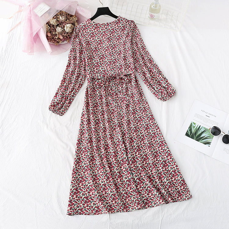 Jupe longue à taille fine style rétro français super fée à fond fleuri cassé 4007