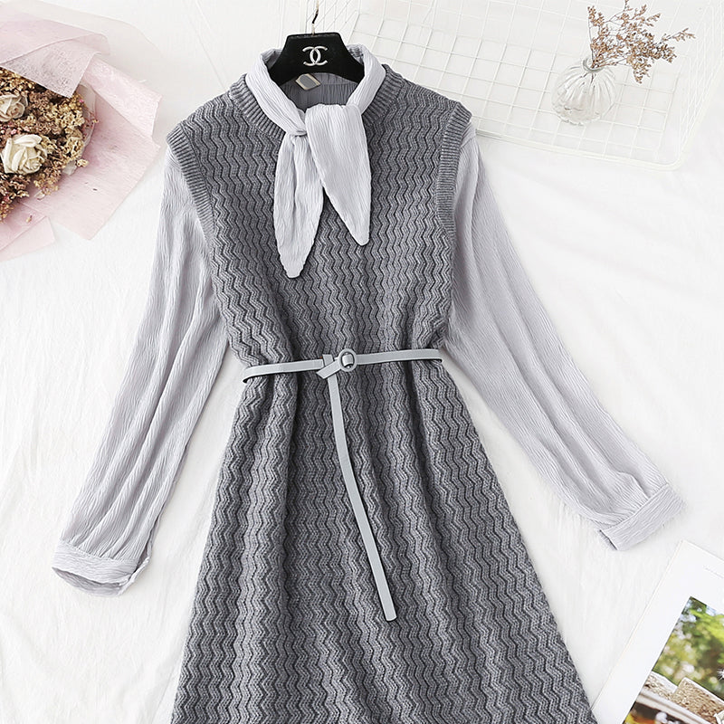 Sweater vest vest skirt with chiffon bottomed shirt set  3804