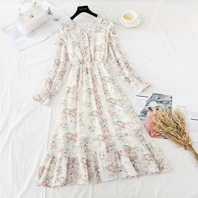 French retro knee Chiffon Long Sleeve Dress  3833