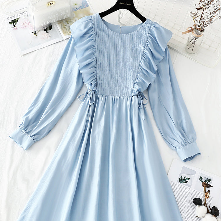 Langärmliges weißes Kleid French Simple Temperament 4225