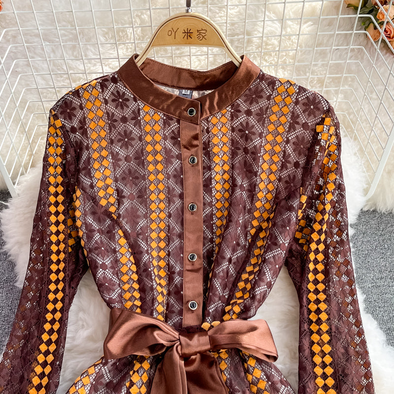Lady temperament Long Sleeve Dress Lace Dress  3772