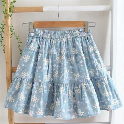 Floral skirt, new style, cotton and linen, small fresh, preppy style, high waist pleated skirt  3586