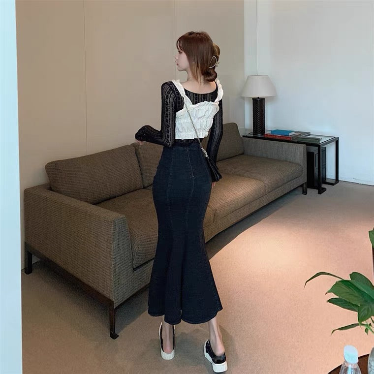 Modischer Meerjungfrauenrock, neuer Stil, hohe Taille, Midi-Hüftrock, Vintage-Jeansrock 3570