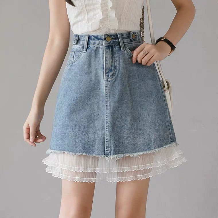 New, high-waisted denim patchwork A-line skirt, casual skirt  3606