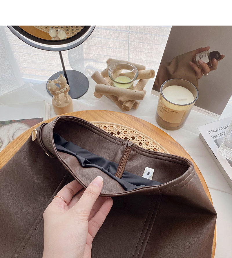 Korean solid color versatile fashion high waist PU leather bag hip skirt  5520